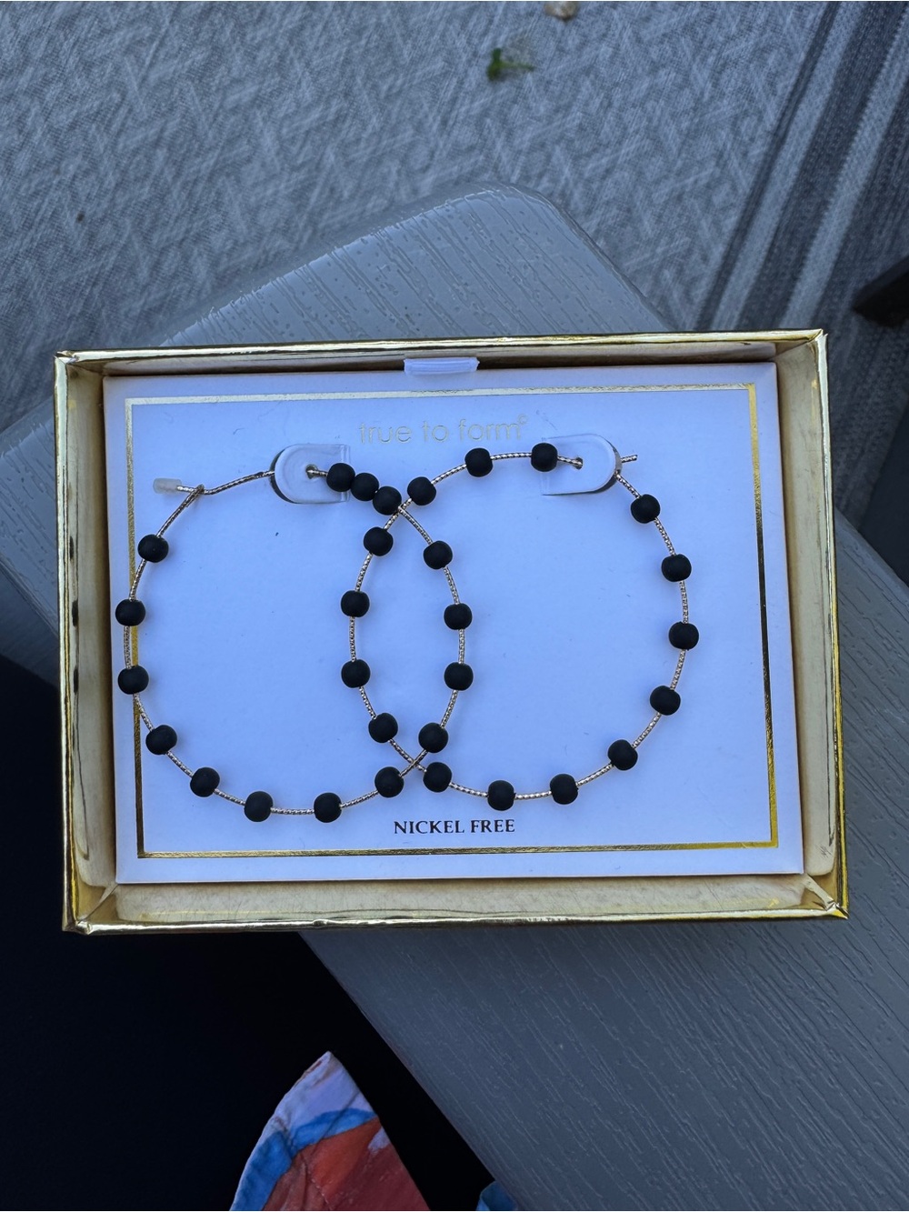 True to Form Gold Tone Black Beaded Hoop Earrings NWT Nickel Free